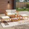 Off-White Cushioned Acacia Wood Patio Set, Modular 5-Piece Sectional
